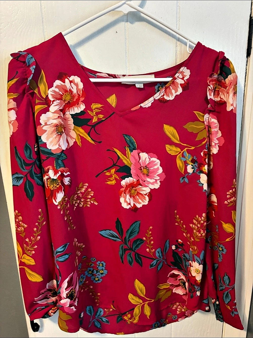 LOFT Floral Long Sleeve Blouse in Pink & Red